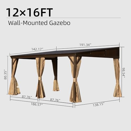 Domi 12x16FT Lean to Gazebo, Hardtop Wall Mounted Gazebo with Sloping Galvani...