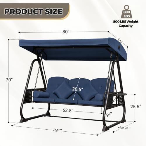 3 Seat Patio Swing Chair with Canopy,Outdoor Porch Swing with Thick Cushions,...
