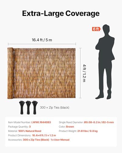 VEVOR Natural Reed Fencing, 4 ft x 16.4 ft, 3 Pack Decorative Natural Reed Fe...