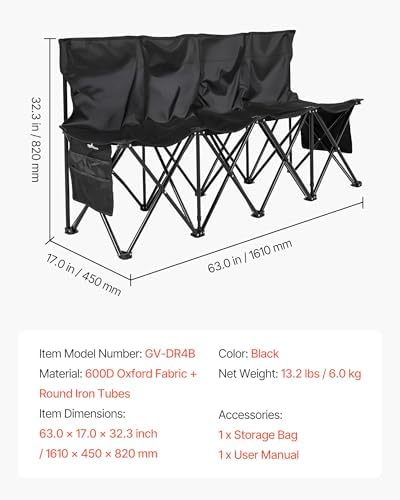 VEVOR Portable Folding Bench, 4 Seat Foldable Soccer Bench with Side Pockets ...