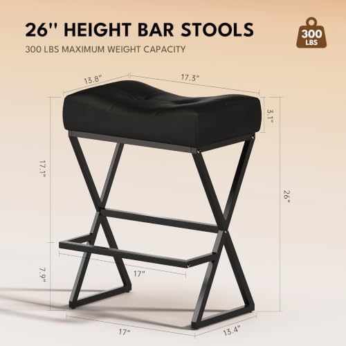 Counter Height Bar Stools Set of 2, Backless 26" Saddle Barstools, Black