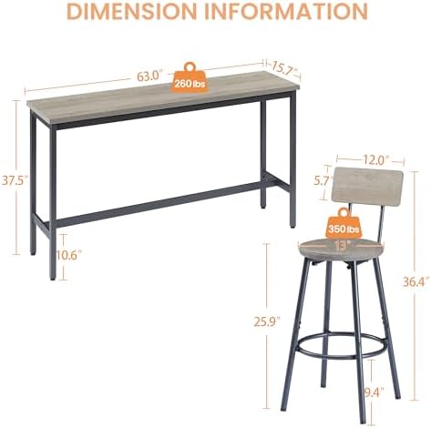 Long Bar Table Set with 3 PU Upholstered Bar Stools, Industrial Bar Table and...
