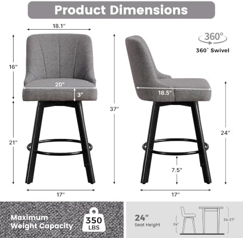 Swivel Bar Stools Set of 2,24" Upholstered Counter Height Bar Chairs wit...
