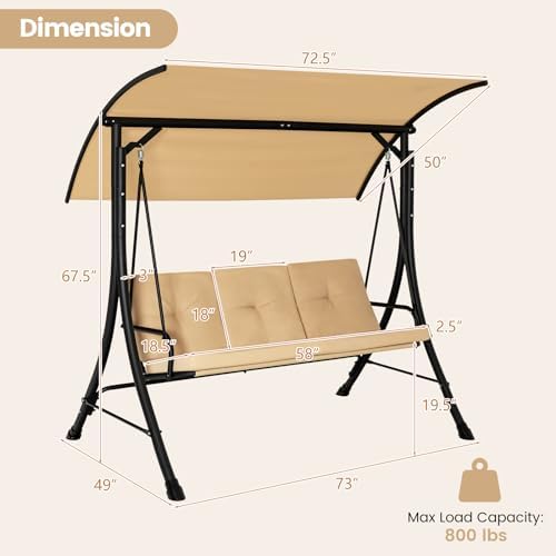 HAPPYGRILL 3-Seat Outdoor Porch Swing with Adjustable Canopy, Armrests, Metal...