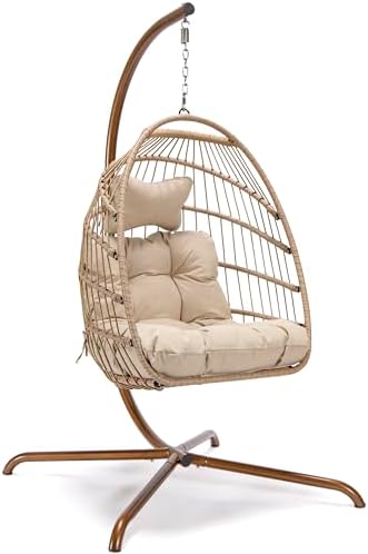 NICESOUL Cozy Hanging Egg Chair with Stand Indoor Outdoor, Wicker Patio Baske...