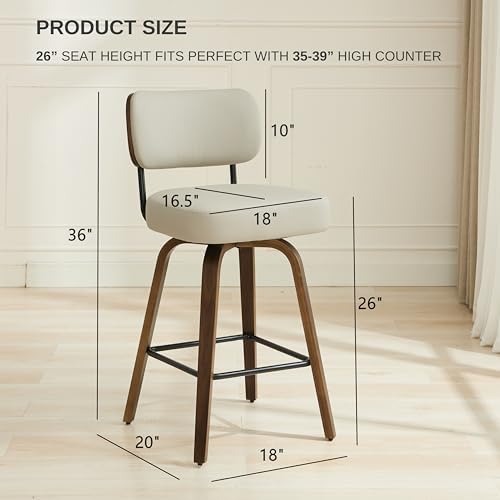 Swivel Bar Stools Set of 2, 26" Counter Height, Beige Grey