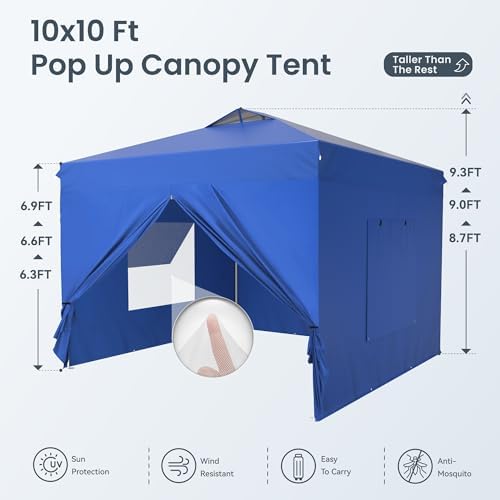 PHI VILLA 10x10 Pop Up Canopy Tent with Sidewalls, Easy Tents Instant Shade