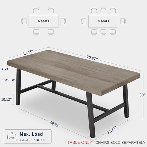Garvee 71" Industrial Dining Table, Rectangular Kitchen Table, Grey
