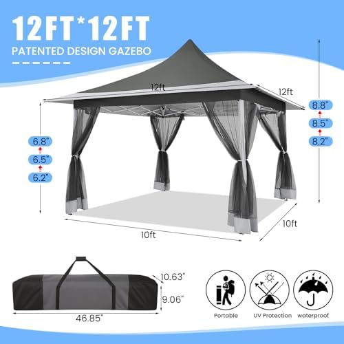 COBIZI 12x12 Pop Up Gazebo with Mosquito Netting,Peaked Roof Canopy,Gray