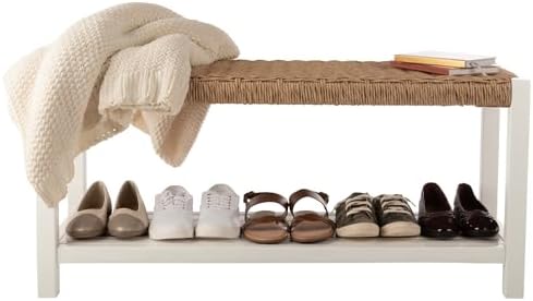 Alaterre Furniture Newport 40” Shoe Storage Bench with Woven Seat, White