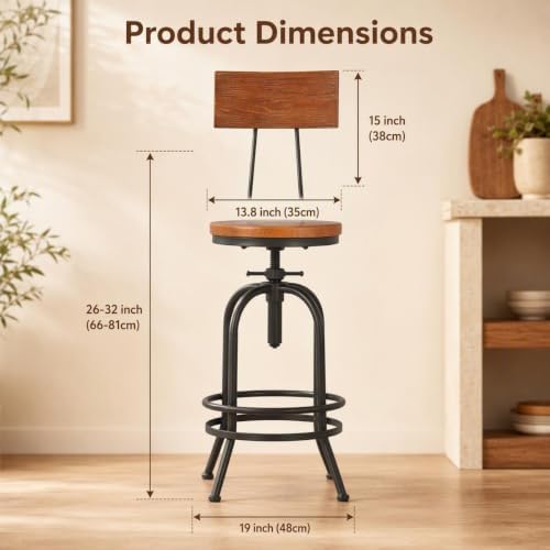 Set of 2-Industrial Bar Stools with Backrest-Swivel Wood Seat-Bar Counter Hei...