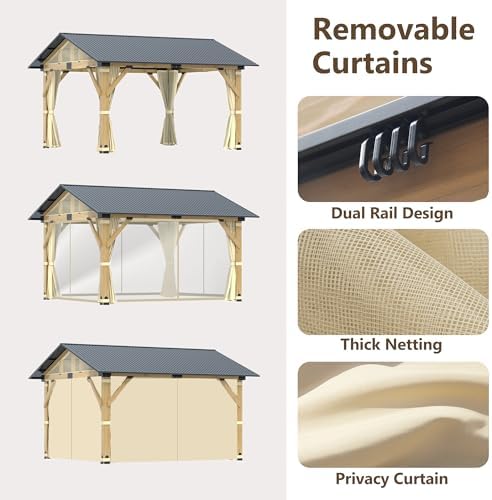 11'x13' Wood Gazebo, Outdoor Hardtop Gazebo, Cedar Frame Wooden Gazeb...
