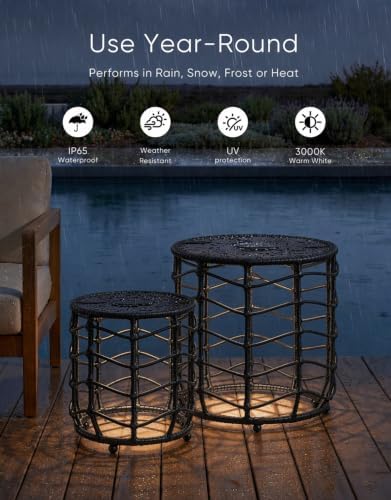 PARTPHONER Boho Solar Outdoor Side Table with Built-in Lights Set of 2, All-W...