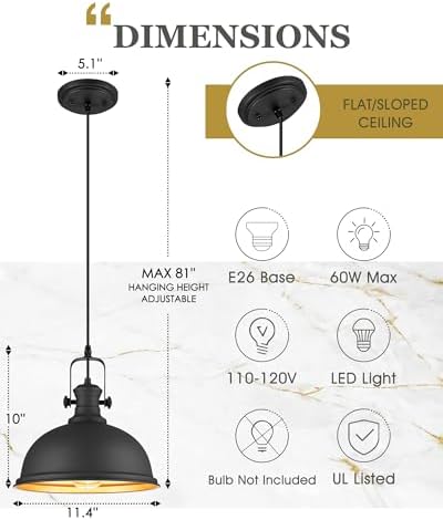 11.5" Matte Black Pendant Light for Kitchen Island, Metal Shade