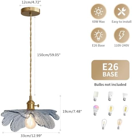 Vintage Glass Pendant Light Gold Brushed Brass Hanging Light with Blue Flower...