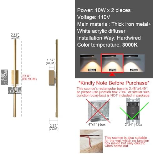 Only Suitable for Small Junction Box Set of 2 Hardwired Narrow Gold Wall Scon...