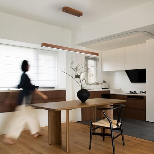 31 Inch Wood Linear Pendant Light Dimmable LED Kitchen Island Lighting with R...