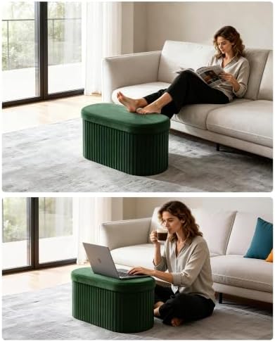 GLAXYFUR Folding Ottoman with Storage, Oval Velvet Storage Bench, Green
