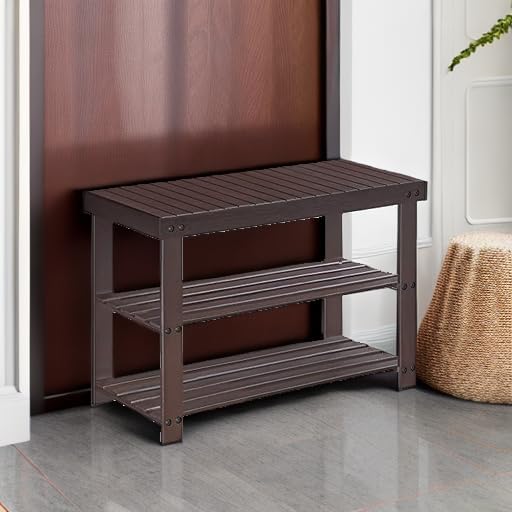 SONGMICS Shoe Rack Bench, 3-Tier Bamboo Shoe Storage Organizer, Entryway Benc...