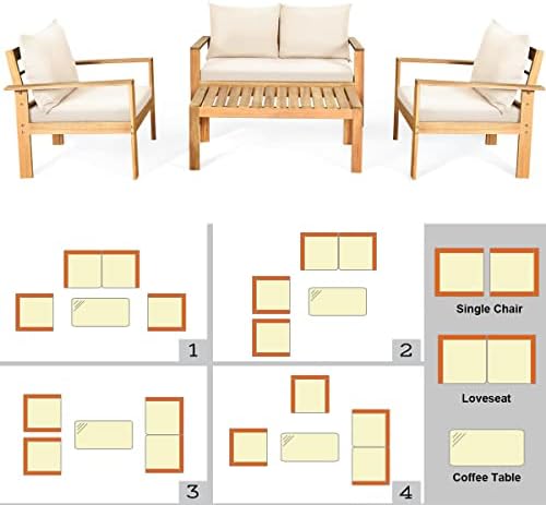 HAPPYGRILL 4 Piece Patio Furniture Set Outdoor Conversation Set Wood Sofa Tab...