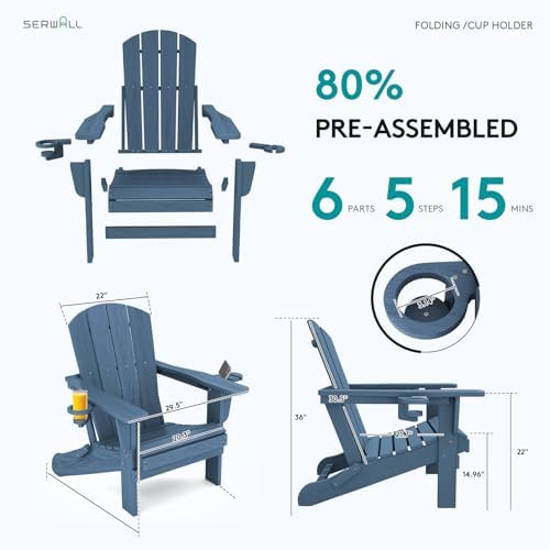 SERWALL Outdoor Adirondack Chair Set of 2 with 2 Cup Holders,Foldable,Blue