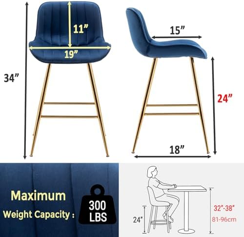 Sidanli Blue Bar Stools Set of 2, 24 Inch Velvet Counter Height Bar Stools wi...