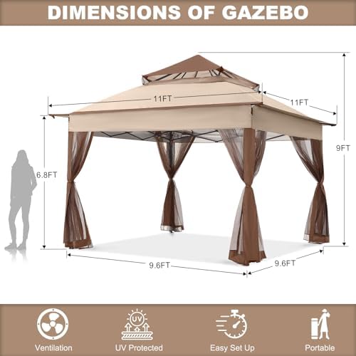 ABCCANOPY Pop Up Gazebo 11x11 with Mosquito Netting, Beige