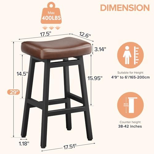 Raynesys 29 Inche Bonded Leather Counter Height Bar Stools Set of 2 Curved
