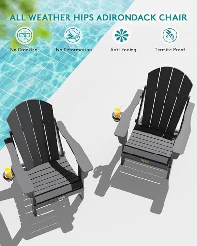 SERWALL Folding Adirondack Chair with Cup Holder Set of 2, Fire Pit - Gray