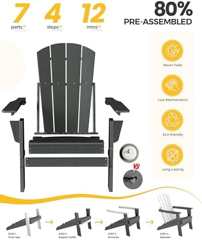Adirondack Chair Set of 2, HDPE Outdoor Chair, Grey