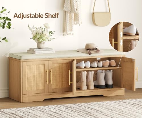 Rattan Shoe Storage Bench, 47.2" Wide Entryway Bench, Natural Oak