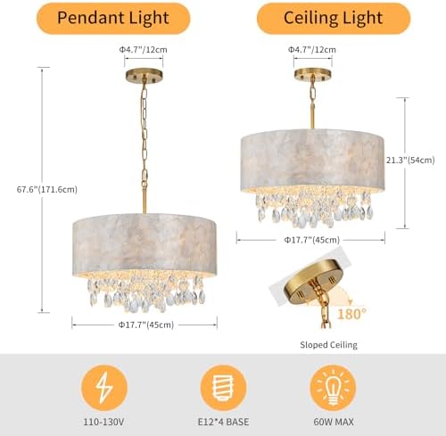 LumFurn D18in Drum Capiz Shell Crystal Chandeliers, 4-Light Coastal Style Lig...