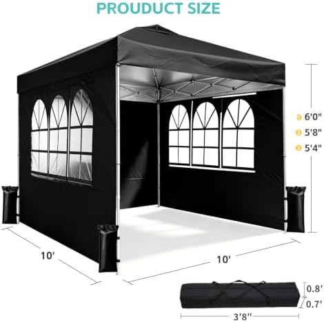 10x10 One Push Pop Up Canopy Tent with Vented Roof, Black