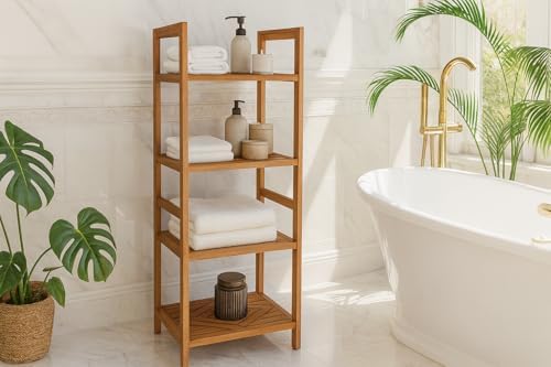 Teak Wood 4-Tier Shelving Unit, Waterproof, Leveling Feet, Teak Oil Finish