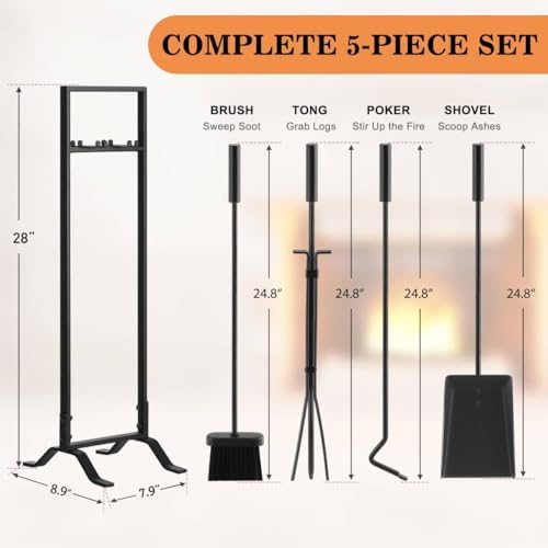 Gtongoko Premium 5 Pcs Wrought Iron Fireplace Tools Set for Outdoor/Indoor,Fi...