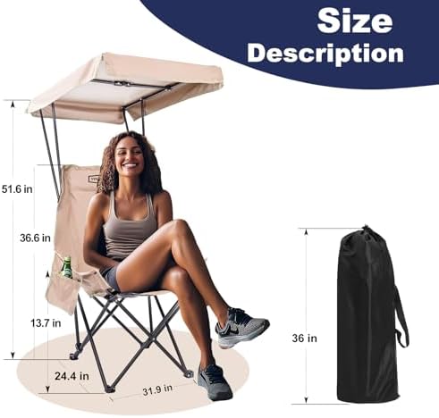 YOUNG WOOD Portable Camping Chair Beach Chair with Shade Canopy, Fold Lightwe...