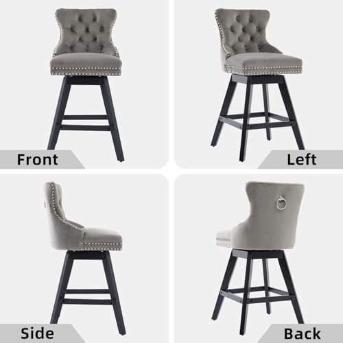 Grey Velvet Bar Stools Set of 2, 26" Swivel Counter Height Chairs
