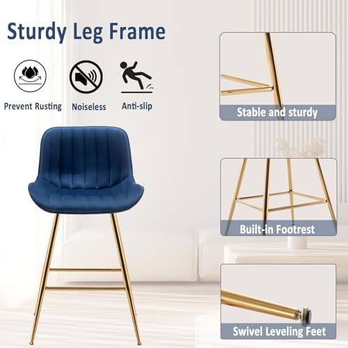 Sidanli Blue Bar Stools Set of 2, 24 Inch Velvet Counter Height Bar Stools wi...
