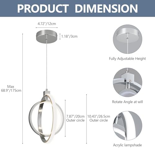 Modern LED Chandelier Chrome Ring Pendant Light Fixtures 4000K Dimmable Heigh...