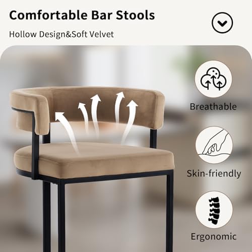 Set of 2 Brown Modern Velvet Bar Stools with Barrel Backrest, Upholstered Sea...