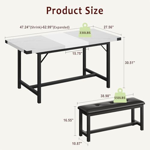 IDEALHOUSE 3 Piece Dining Table Set for 4-6, 63" Extendable Thick Metal ...