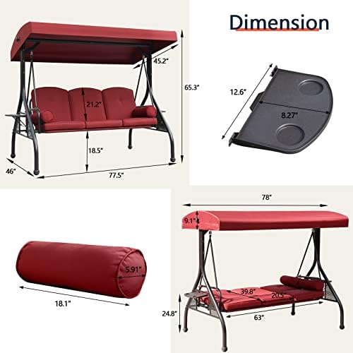 NOBLEMOOD 3-Seat Patio Porch Swing with Adjustable Canopy & Side Trays