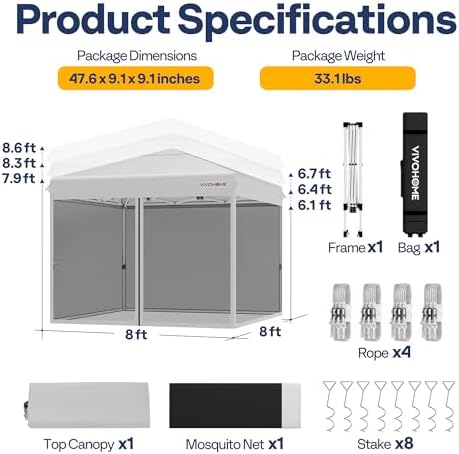 VIVOHOME 8x8ft Easy Pop-Up Canopy, Outdoor Screen Tent with Mosquito Netting,...