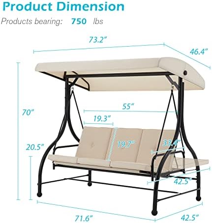 AECOJOY 3-Seat Outdoor Patio Swing With Canopy, Converting Porch Hammock, Adj...