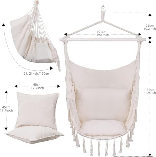 Goutime Hammock Chair,Hanging Rope Ceiling Swing with 2 Cushions, Macrame Boh...