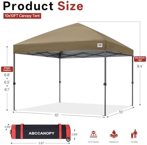 ABCCANOPY 10x10 Pop Up Canopy Tent, Heavy Duty Weather Protection, Khaki