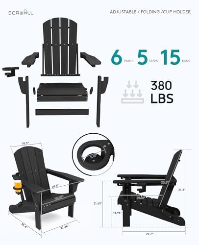SERWALL Folding Adjustable Adirondack Chairs Set of 2, Cup Holders, Black