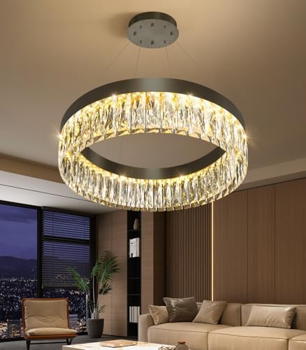 23.6" 1 Ring Modern LED Dimmable Ring Chandelier Adjustable Round Crysta...