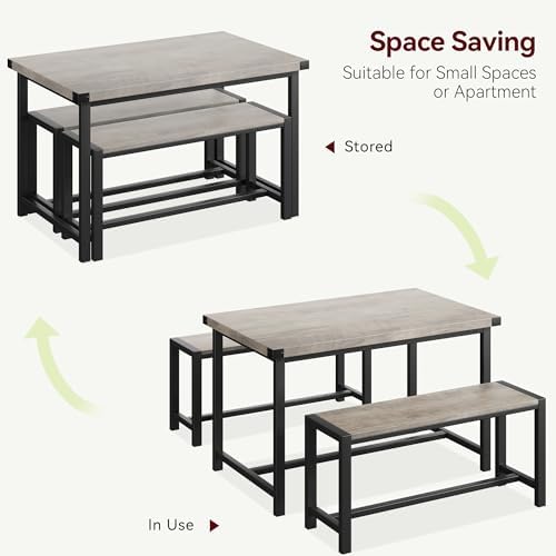 Dining Table Set for 4 with 2 Benches, 3-Piece Kitchen Table Set, Space-Savin...