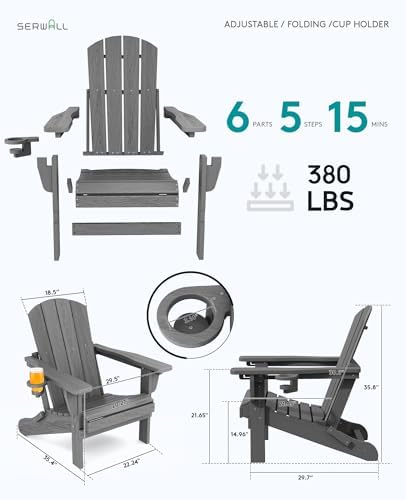 SERWALL Folding Adjustable Adirondack Chairs Set of 2, Cup Holders, Gray
